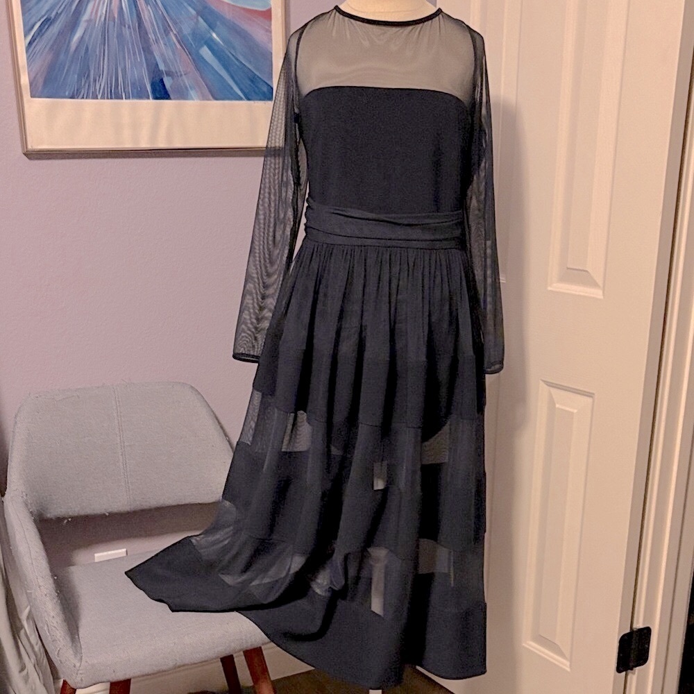 Betsy & Adam Navy Long Sleeve Dress with Sheer Details & Full Skirt